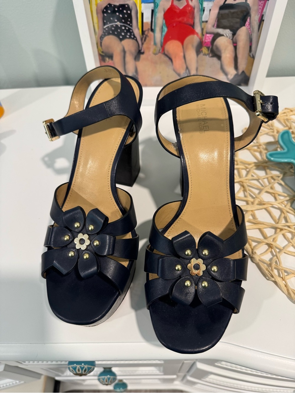 Michael Kors Navy Floral-Applique Block Heel Sandals Beautiful for Summer Styles